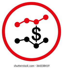 Sales Trends vector icon. Style is bicolor flat circled symbol, intensive red and black colors, rounded angles, white background.