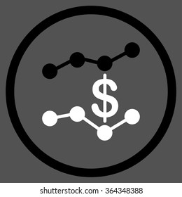 Sales Trends vector icon. Style is bicolor flat circled symbol, black and white colors, rounded angles, gray background.