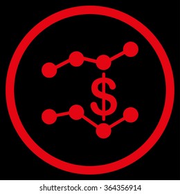Sales Trends vector icon. Style is flat circled symbol, red color, rounded angles, black background.