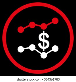 Sales Trends vector icon. Style is bicolor flat circled symbol, red and white colors, rounded angles, black background.