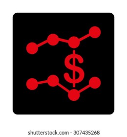 Sales Trends vector icon. This flat rounded square button uses intensive red and black colors and isolated on a white background.