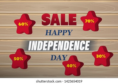 Sales for US Independence Day, a banner with discounts on red stars, on wooden background