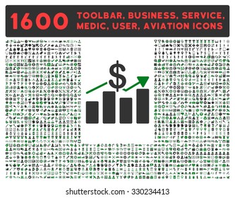 Sales vector icon and 1600 other business, service tools, medical care, software toolbar, web interface pictograms. Style is bicolor flat symbols, green and gray colors, rounded angles, white
