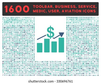 Sales vector icon and 1600 other business, service tools, medical care, software toolbar, web interface pictograms. Style is bicolor flat symbols, cobalt and cyan colors, rounded angles, white