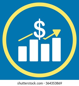 Sales vector icon. Style is bicolor flat circled symbol, yellow and white colors, rounded angles, blue background.