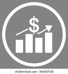 Sales vector icon. Style is flat circled symbol, white color, rounded angles, gray background.
