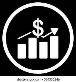 Sales vector icon. Style is flat circled symbol, white color, rounded angles, black background.
