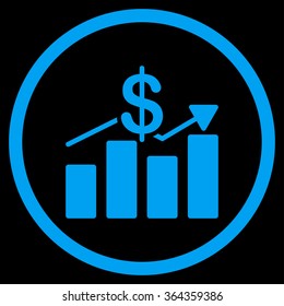 Sales vector icon. Style is flat circled symbol, blue color, rounded angles, black background.