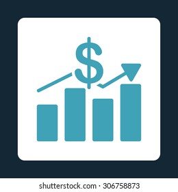 Sales vector icon. This flat rounded square button uses blue and white colors and isolated on a dark blue background.