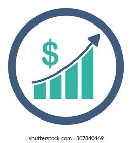 Sales vector icon. This rounded flat symbol is drawn with cobalt and cyan colors on a white background.