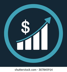 Sales vector icon. This rounded flat symbol is drawn with blue and white colors on a dark blue background.