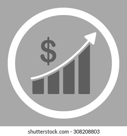 Sales vector icon. This rounded flat symbol is drawn with dark gray and white colors on a silver background.