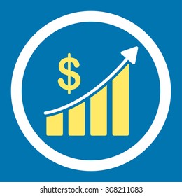 Sales vector icon. This rounded flat symbol is drawn with yellow and white colors on a blue background.