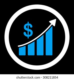 Sales vector icon. This rounded flat symbol is drawn with blue and white colors on a black background.