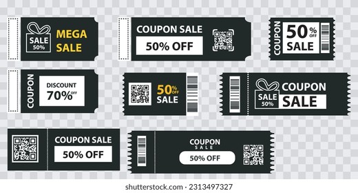 Sales Vouchers. Coupon symbol design for sale and giveaway event posting on social media, discount tickets collection
