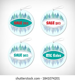 Sales winter banner, forest trees, Sale tags, Cristmas ball frame. Online sale banner, winter print banner, snow, christmas trees, seasons discount card, space for text.