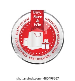 Sales winter holidays advertising icon - buy, save and win. Special offer, big discounts, free delivery, satisfaction guaranteed. Contains shopping bags and gifts.