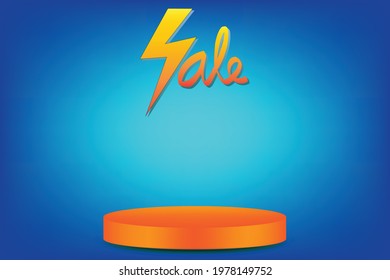 Sales wording with empty podium for product display on a blue background.
