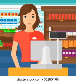 Saleslady standing at checkout.
