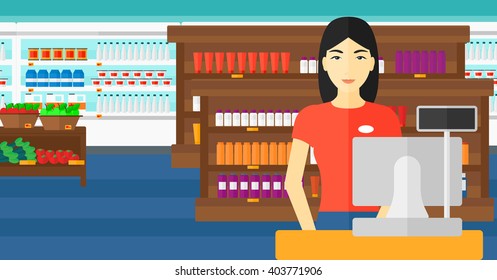 Saleslady standing at checkout.