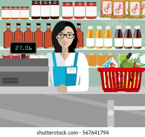 Saleslady standing at checkout and  ringing up grocery purchases. Flat style vector illustration.