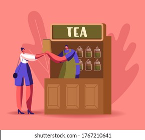Salesman in Apron Give Paper Pack with Tea Leaves to Woman Customer Visiting Shop for Purchase. Character Retail Traditional Asian Tea Standing at Booth with Goods. Cartoon People Vector Illustration