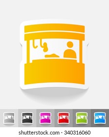 salesman behind the counter paper sticker with shadow. Vector illustration