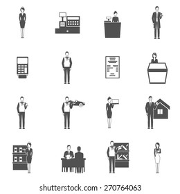 Salesman black icons set with shop receipt car dealer figures isolated vector illustration