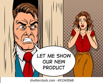 Salesman breaking the door comic book pop art retro style vector illustration. Scene from the movie. Furious promotion. Violence in family.