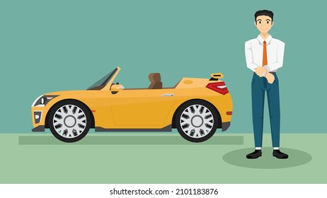 Salesman or Businessman in in relax business suit stand politely. Vehicle sales service center with sport car open roof in showroom.