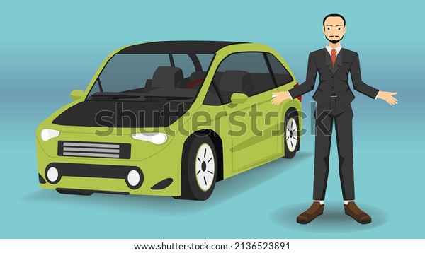 Salesman or\
businessman  in suit uniform at the Vehicle sales service center\
with electric vehicle sports car green\
color.