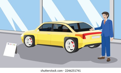 Salesman or Businessman wearing suits at the Vehicle sales service center with yellow classic car in showroom. Can be seen inside the car luxury interior design.