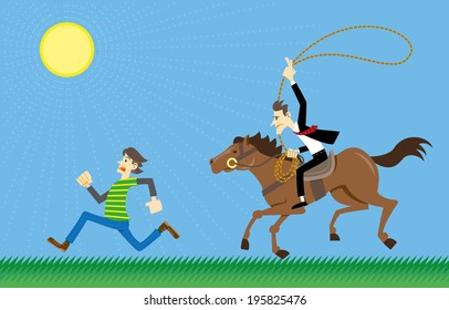 Salesman chasing clients like a cowboy.