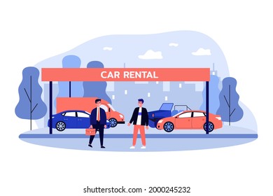 Salesman and customer standing in front of different cars. Male character making deal, selling vehicle flat vector illustration. Car rental, traveling concept for website design or landing web page