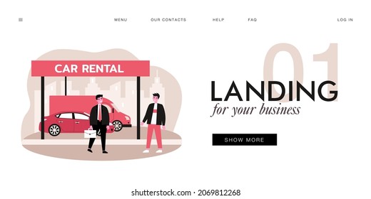 Salesman and customer standing in front of different cars. Male character making deal, selling vehicle flat vector illustration. Car rental, traveling concept for website design or landing web page