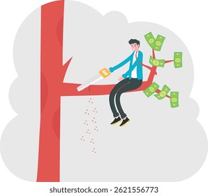 Salesman is cutting a tree branch on which he is sitting. A man in a suit sits on a tree with a hacksaw in his hand . Flat style illustration, vector, EPS10.

