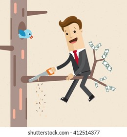 Salesman is cutting a tree branch on which he is sitting. A man in a suit sits on a tree with a hacksaw  in his hand . Flat style illustration, vector, EPS10. 