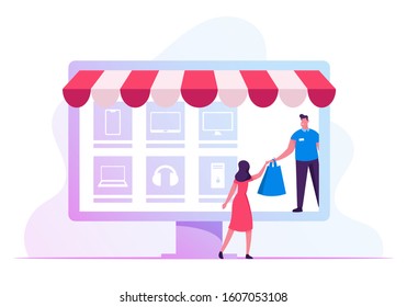 Salesman or Delivery Courier Giving Bag to Recipient Woman Standing at Huge Laptop Screen with Goods Icons. Online Application for Shopping, Digital E-commerce Sales. Cartoon Flat Vector Illustration