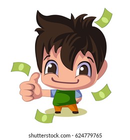 Salesman. Funny guy. Candy from dollars. Vector illustration in cartoon style