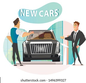 Salesman Giving Keys Owner from New Car. Businessman in Suit Buying Flat Black Luxury SUV in Cartoon Automotive Showroom. Male Dealer Making Successful Selling Deal. Vector Cutout Illustration