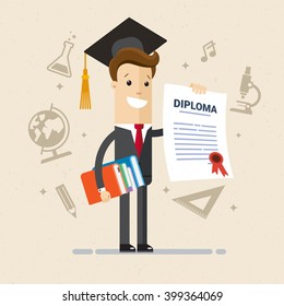 Salesman got diploma of university, college or business school. A man in a suit hold a diplom of education. Signs of symbols of different sciences. Illustration, vector EPS 10