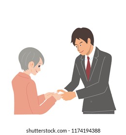 The salesman hands his business card to an old lady.