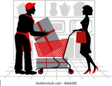 A salesman is helping a customer do her shopping.
