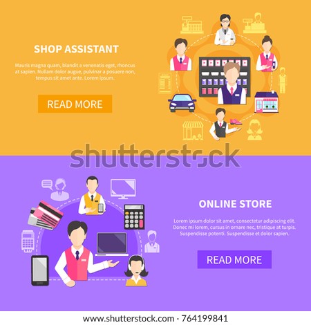 Salesman horizontal banners set with read more button editable text images of items and clerk icons vector illustration