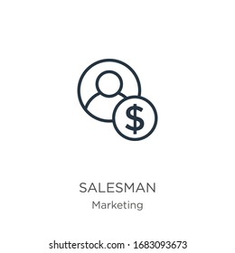 Icono del vendedor. Icono de contorno lineal delgado del vendedor aislado en fondo blanco de la colección de marketing. Signo vectorial de línea, símbolo para web y móvil