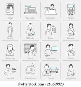 Salesman icons flat line set isolated with receipt cash register realtor isolated vector illustration