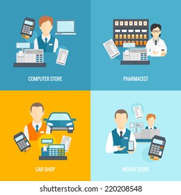 Salesman icons flat set isolated with computer mobile store pharmacist car shop vector illustration