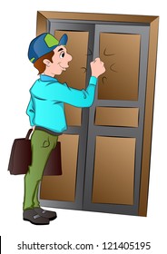 Salesman Knocking On A Door, Vector Illustration