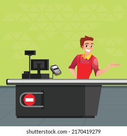 Salesman man cashier standing at checkout in supermarket
