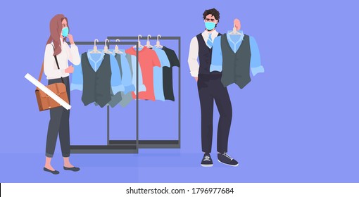 salesman in mask showing clothes to female customer in fashion boutique coronavirus pandemic quarantine concept horizontal full length vector illustration